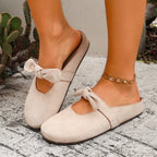 🎀 Chic Bow Accent Slip-On Flats | Soft Suede Open-Back Summer Mules