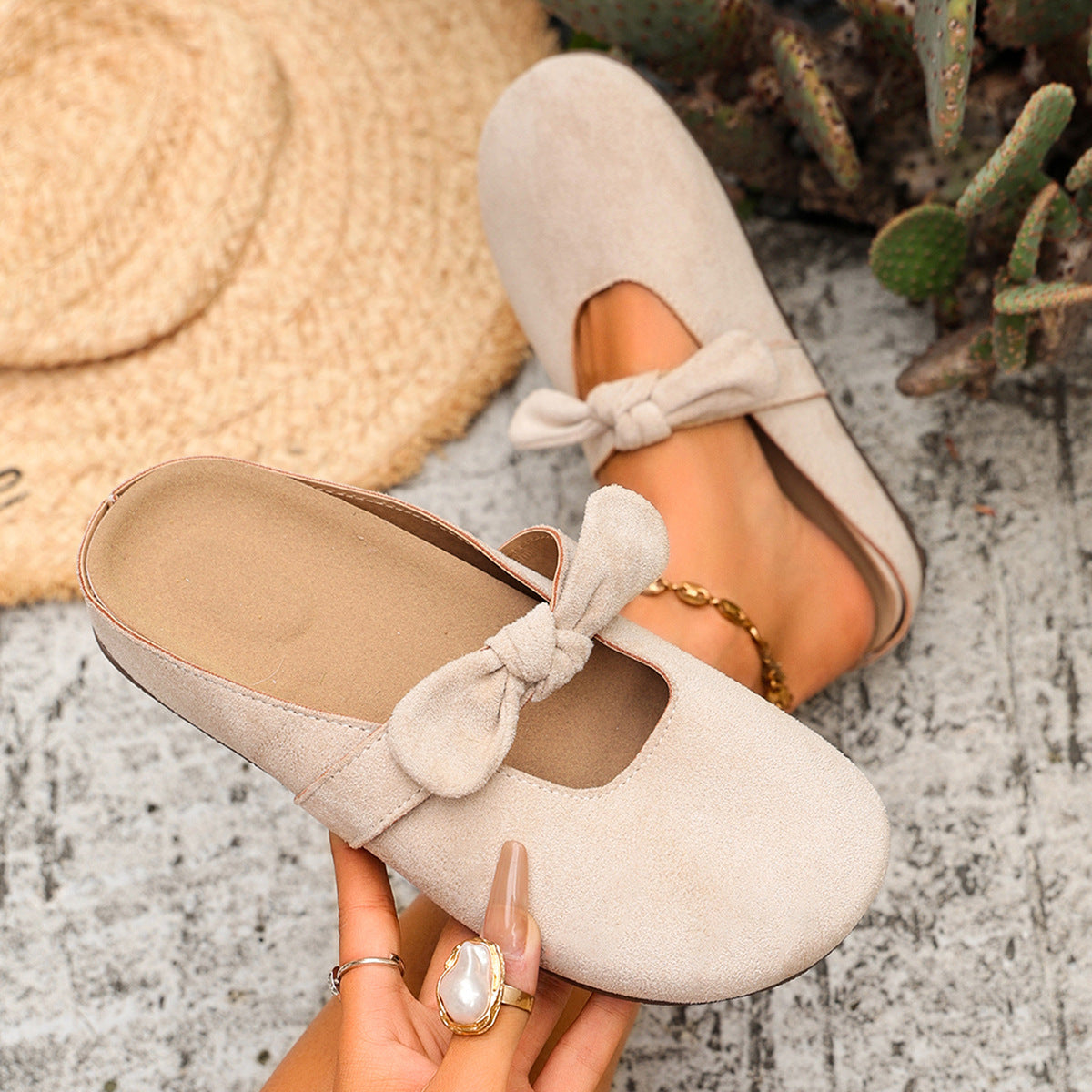 🎀 Chic Bow Accent Slip-On Flats | Soft Suede Open-Back Summer Mules